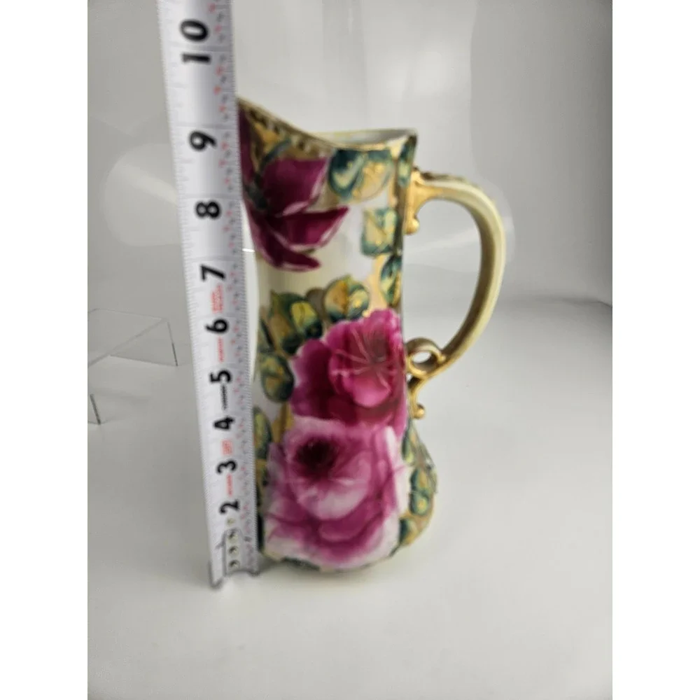Vintage Hand Painted Rose‎ Porcelain Pitcher Gold Gilt Trim Wow!